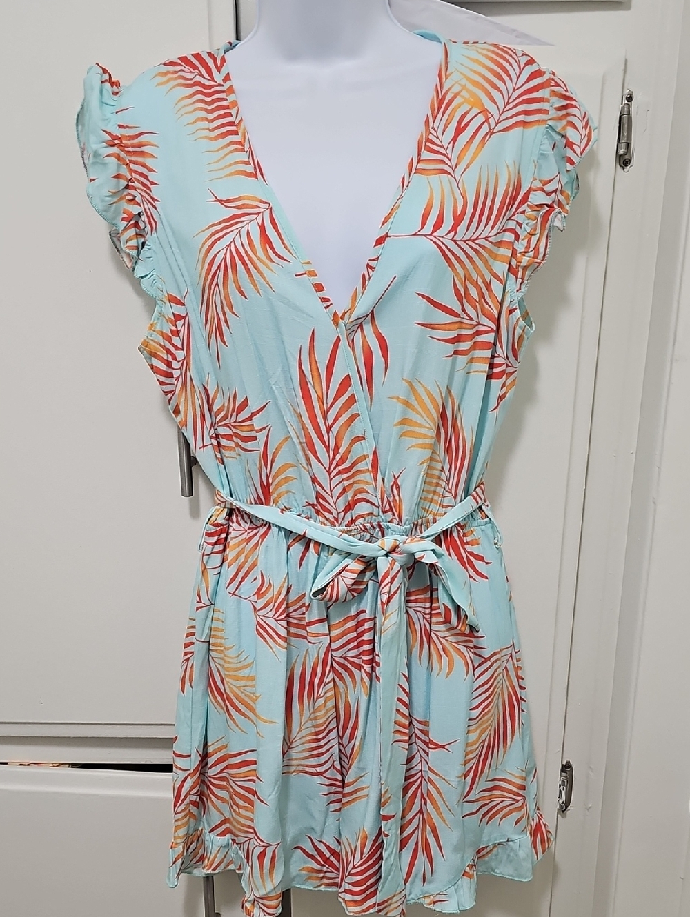 Aqua Tropical Leaf Print Wrap Dress